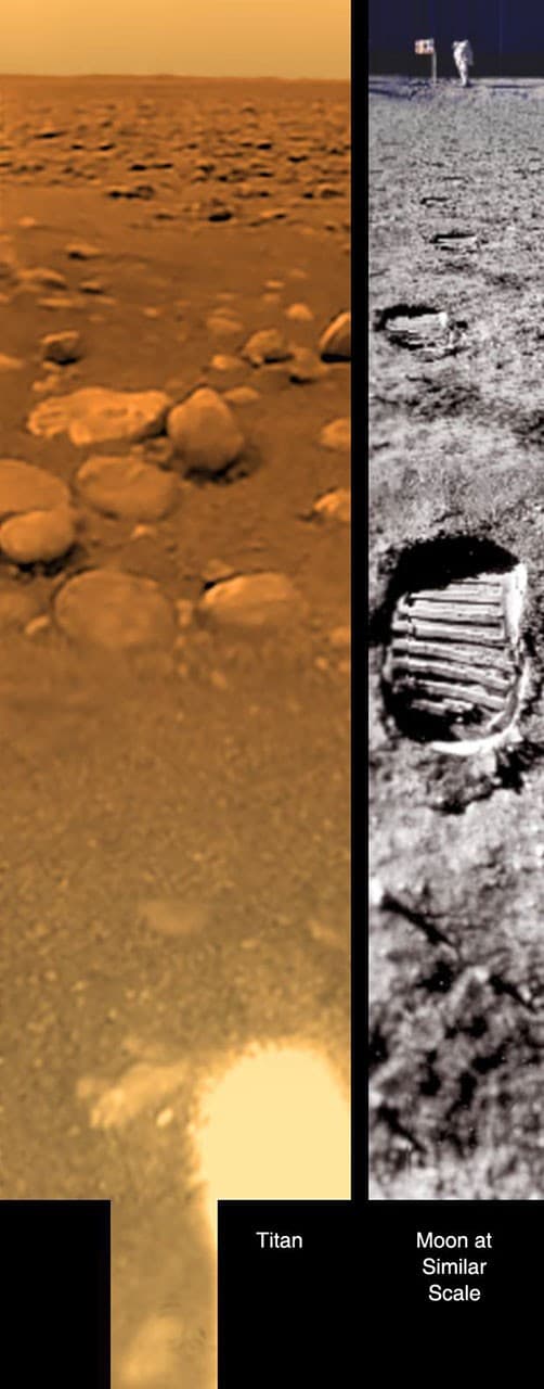 Composite Huygens probe view of Titan's surface with rounded icy rocks.