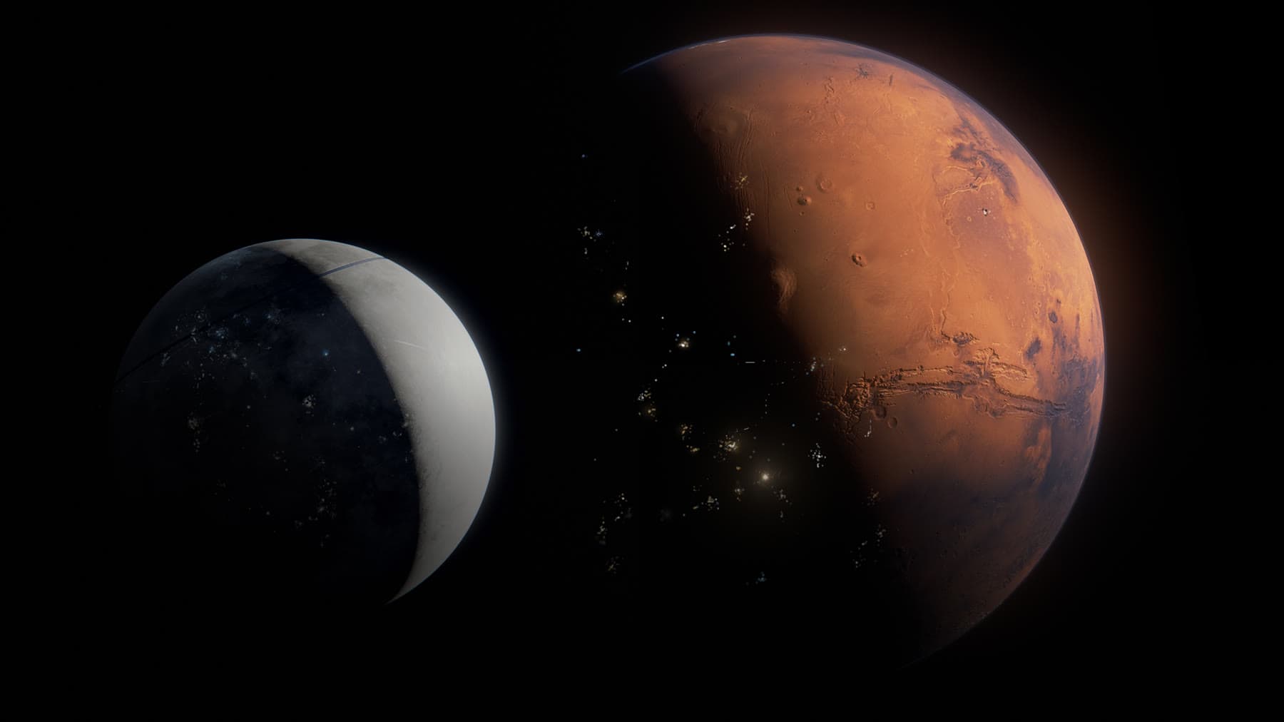 Editorial image showing Mars and the Moon as nearby worlds on the exploration roadmap.